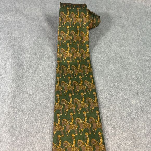 Vintage Vitaliano Pancaldi Tie Green Gold Yellow Men On Horseback Geometric - Picture 7 of 7